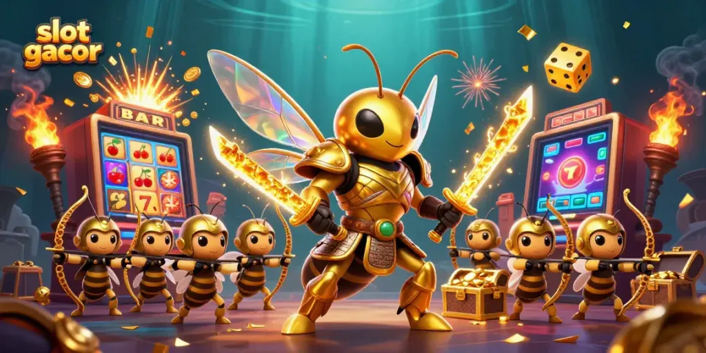 Experience the excitement of slot gacor with a dynamic 3D illustration featuring themed characters and jackpot elements.