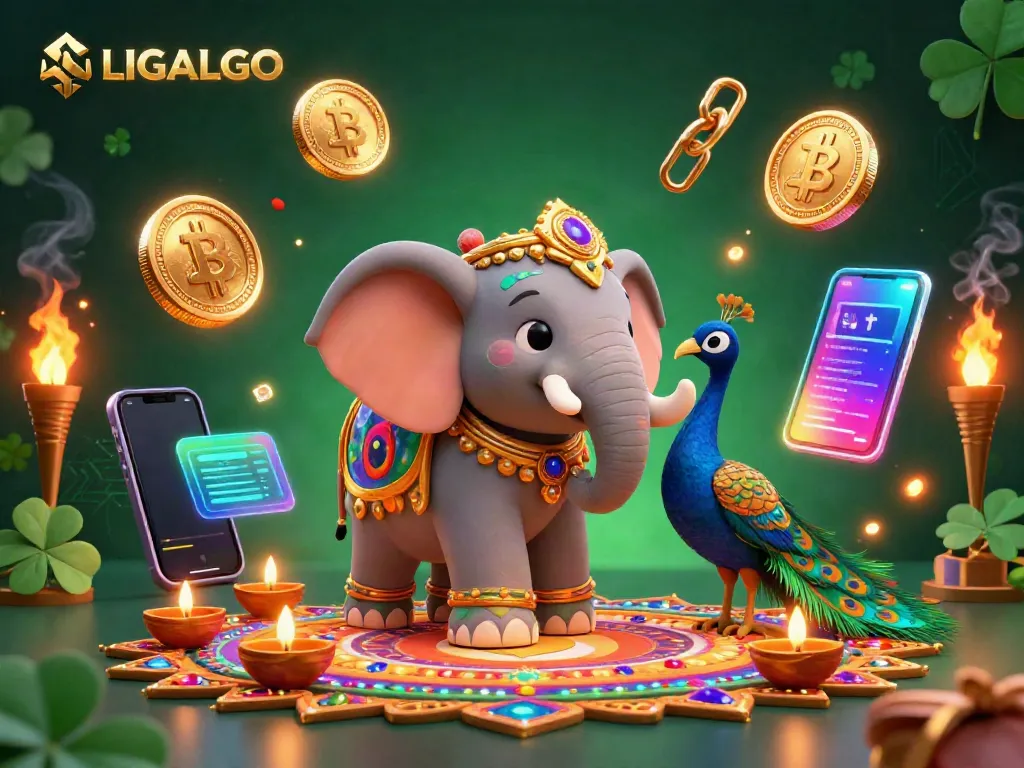 LIGALGO brings the thrill of vibrant online gaming with a colorful elephant and cryptocurrency elements.