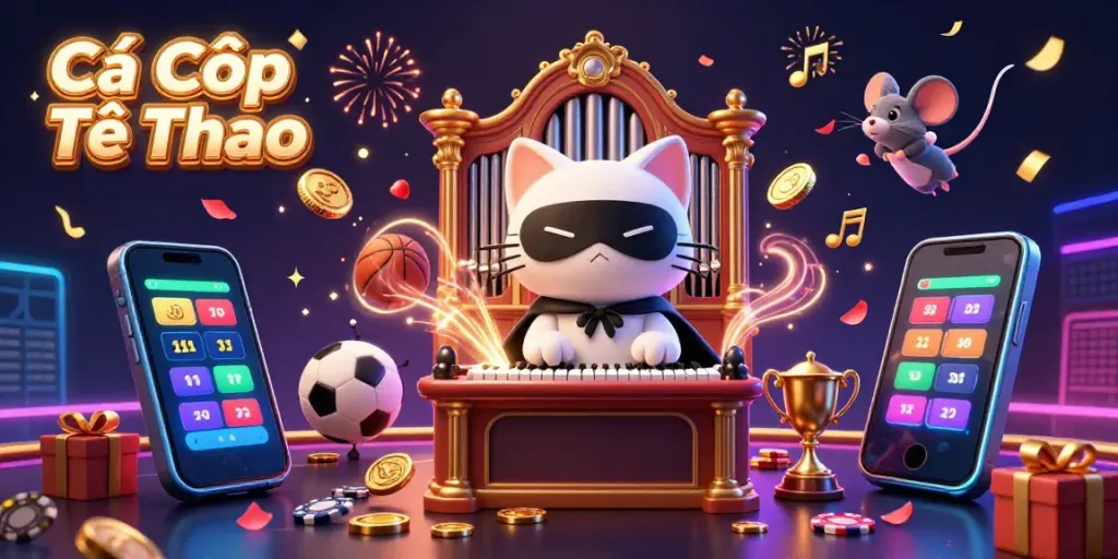 Cá Cược Thể Thao - Captivating 3D illustration of a casino scene featuring a masked cat and a mouse acrobat amidst sports betting symbols.