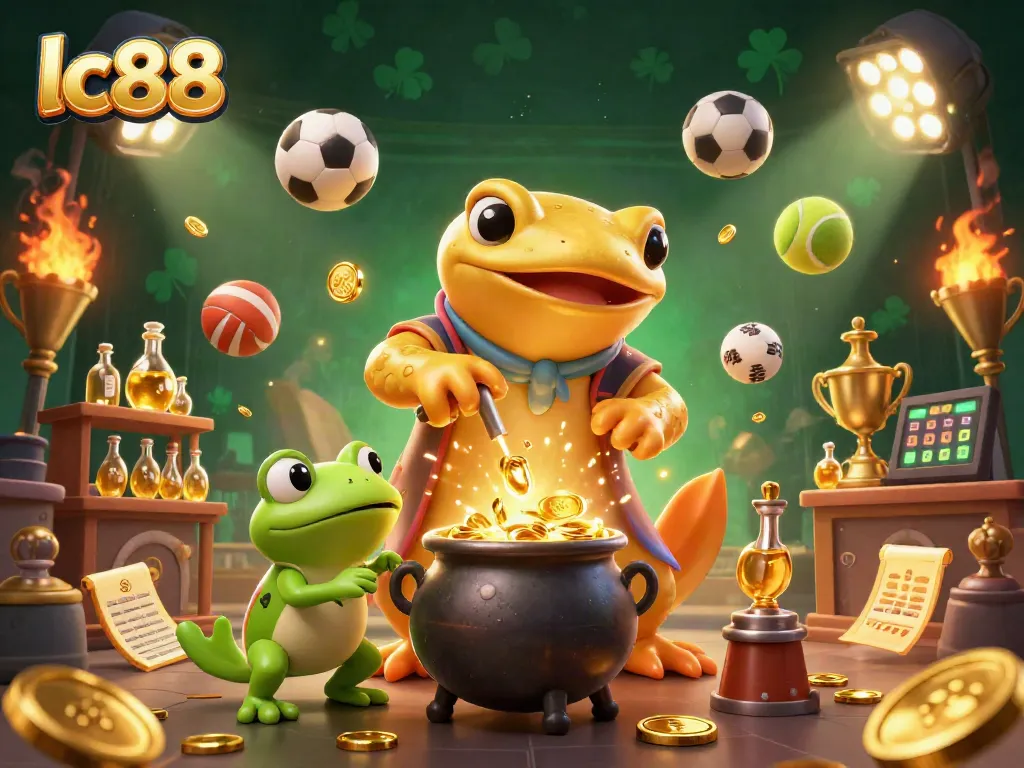 Explore exciting betting options at lc88 with a dynamic gaming scene featuring whimsical characters and sports elements.