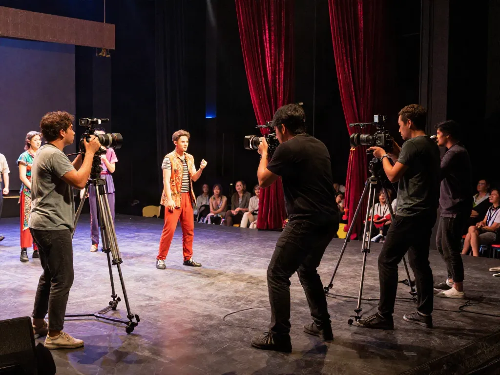 Fotografi nusa88 profesional di teater dengan aktor beraksi di panggung.