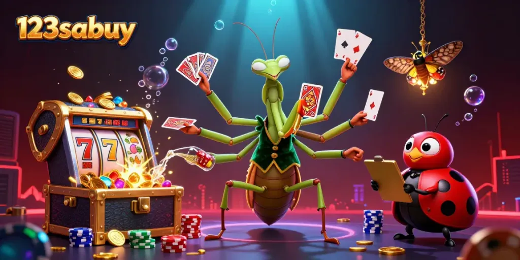 Join the fun at 123sabuy with a lively casino scene featuring dynamic characters and exciting gaming elements.