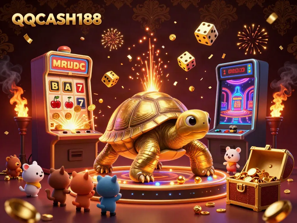 Experience the thrilling games at QQCASH188 with dynamic illustrations showcasing vibrant slot machines, thrilling jackpots, and interactive gameplay.