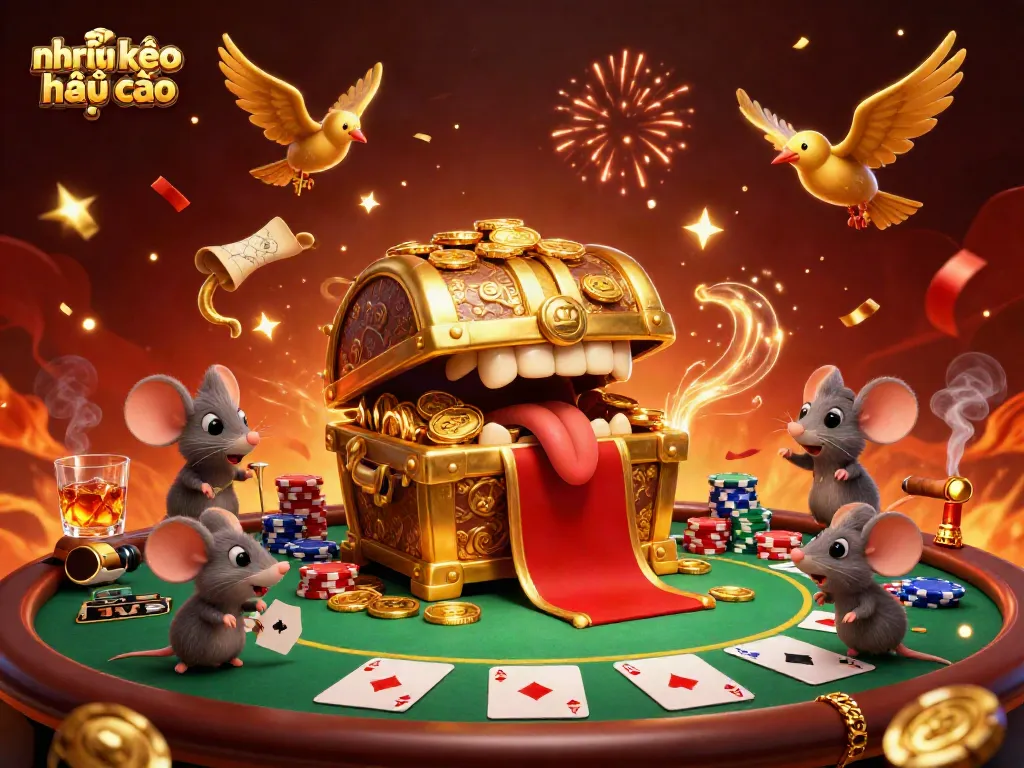 Exciting nhận định kèo nhà cái illustration showcasing a golden treasure chest, poker-themed elements, and confetti.