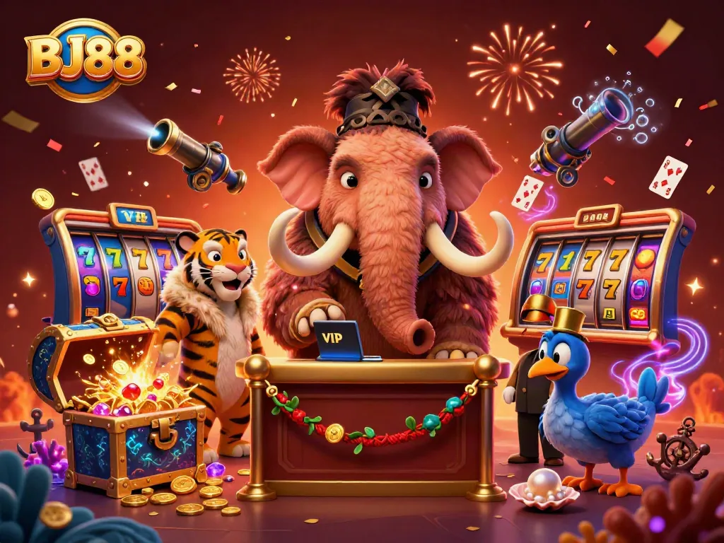 BJ88 Casino illustration showcasing a woolly mammoth bouncer, VIP saber-tooth tiger, and dodo doorman at a vibrant casino entrance.