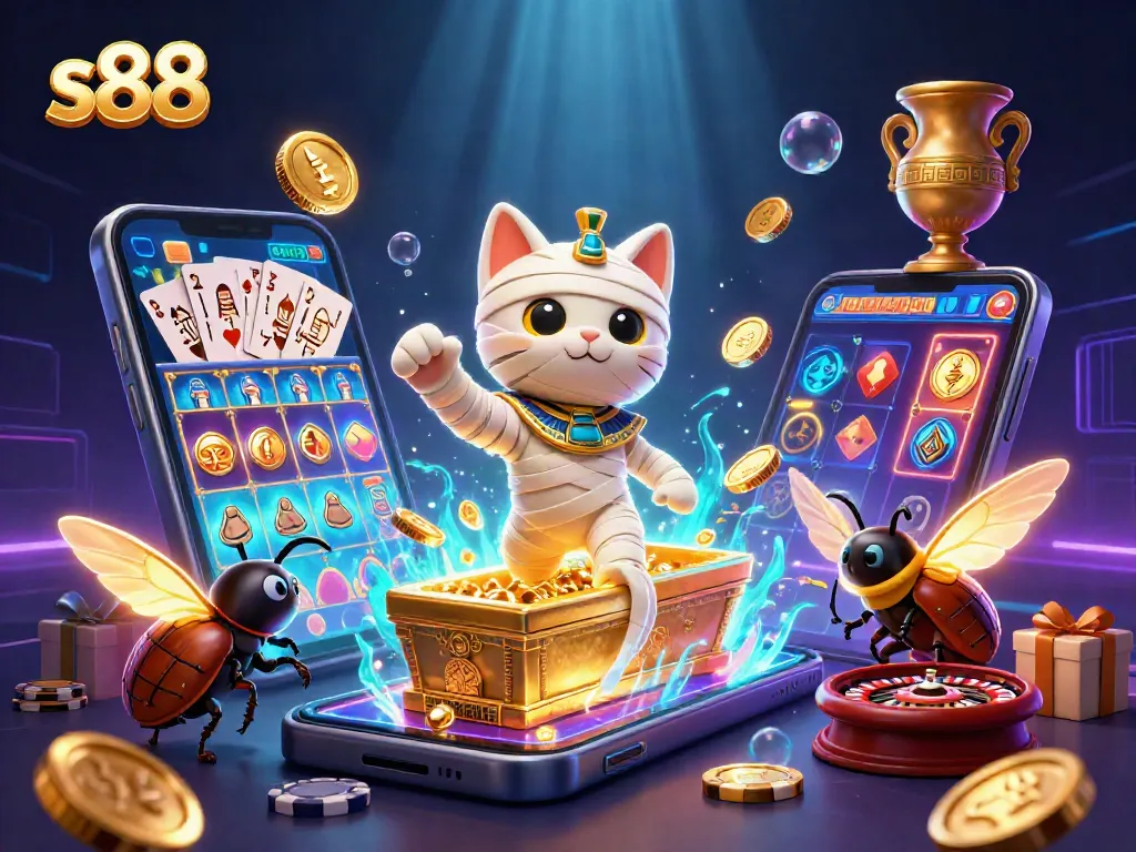 s88 engages players with vibrant casino adventure featuring 3D Egyptian mummy cat, golden coins, and colorful slot machines.