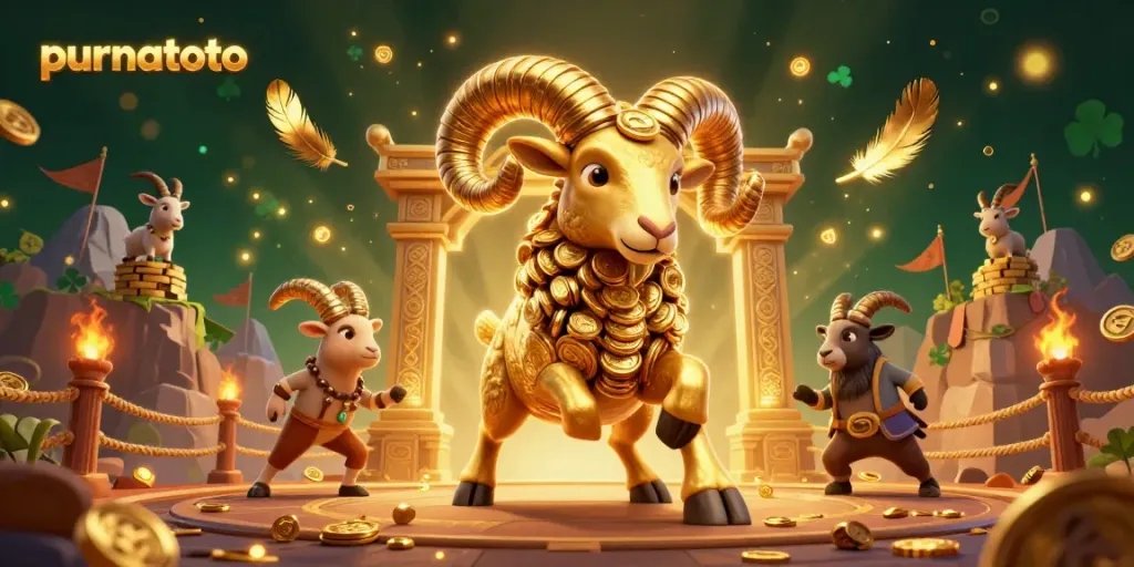 Rasakan sensasi permainan slot gacor purnatoto dengan ilustrasi 3D ram emas yang berapi-api.