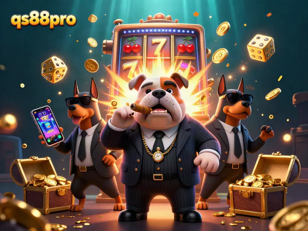 Experience the thrill of winning at qs88pro with a dynamic 3D illustration of a cartoon mafia bulldog and its bodyguards amidst casino excitement.