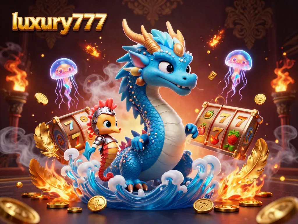 Experience luxury777 gaming with vibrant dragons, slot reels, and exciting jackpot elements.