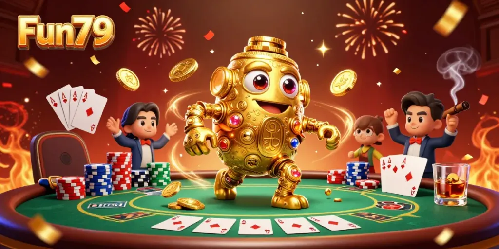 Engage in exciting Fun79 casino experiences with golden golem, poker chips, and festive confetti.