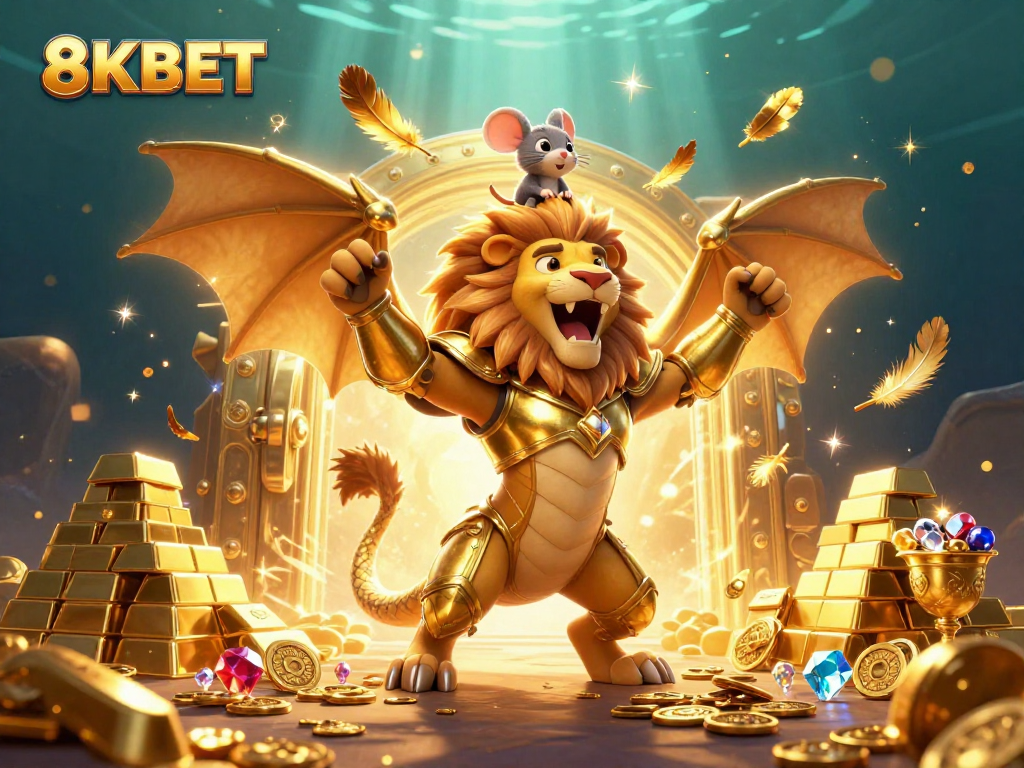 Win big at 8KBET with a triumphant golden chimera and shimmering treasures in a vibrant casino scene.