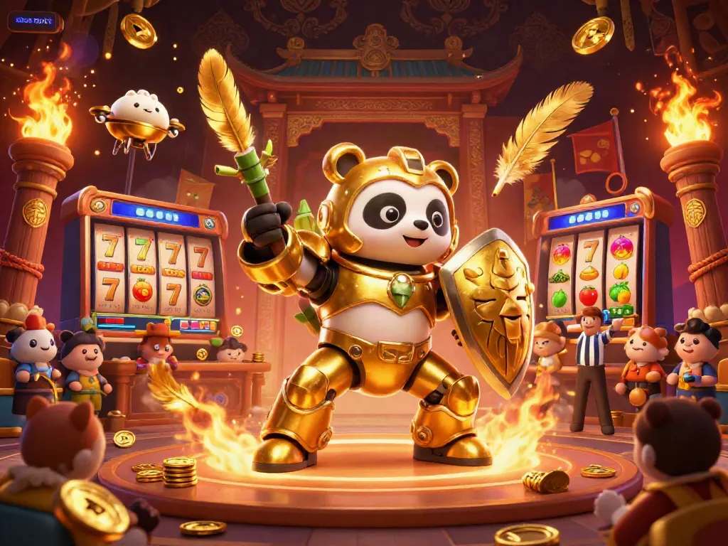 Gambar ilustrasi 3D yang menggambarkan situs slot dengan panda emas dan elemen slot beruntung di arena perjudian.