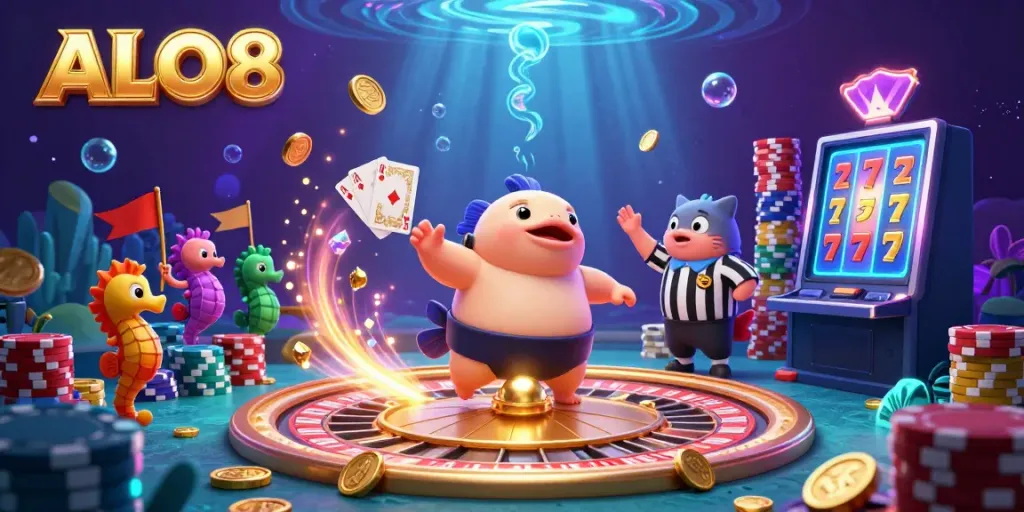 Experience ALO8's exciting underwater casino scene with vibrant characters and dynamic gambling elements.
