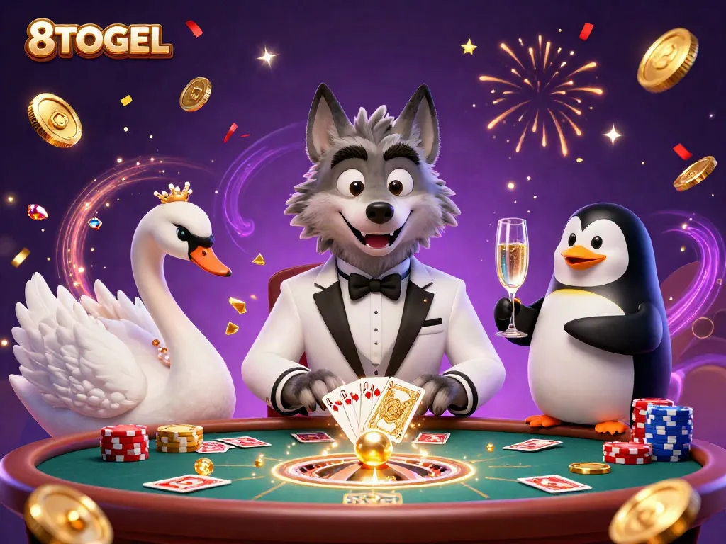 Engage with 8TOGEL at a luxurious baccarat table featuring colorful characters and casino elements.