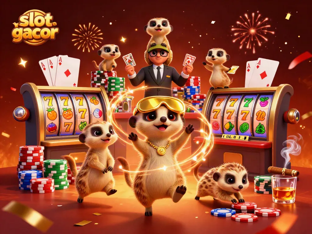 Experience the excitement of slot gacor maxwin with lively meerkats running a vibrant casino scene.