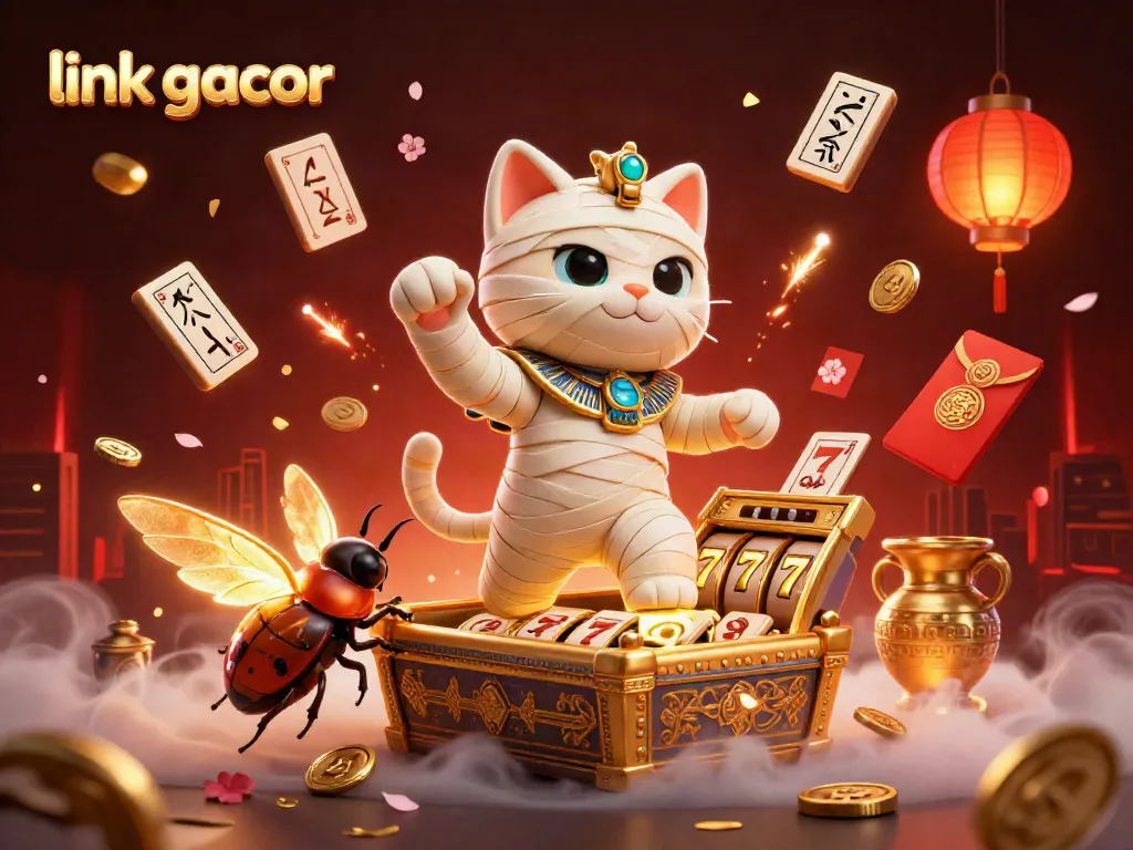 Experience thrilling gaming action with link gacor in a vibrant casino scene featuring a mummy cat and golden elements.