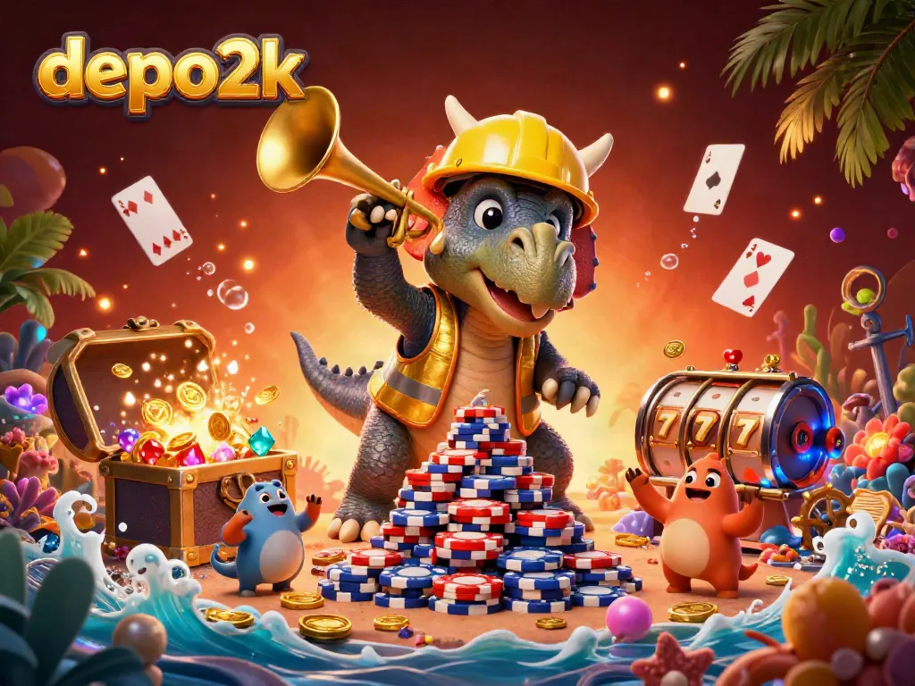 Engage with depo2k as a triceratops constructs a poker chip pyramid amid winning treasures.