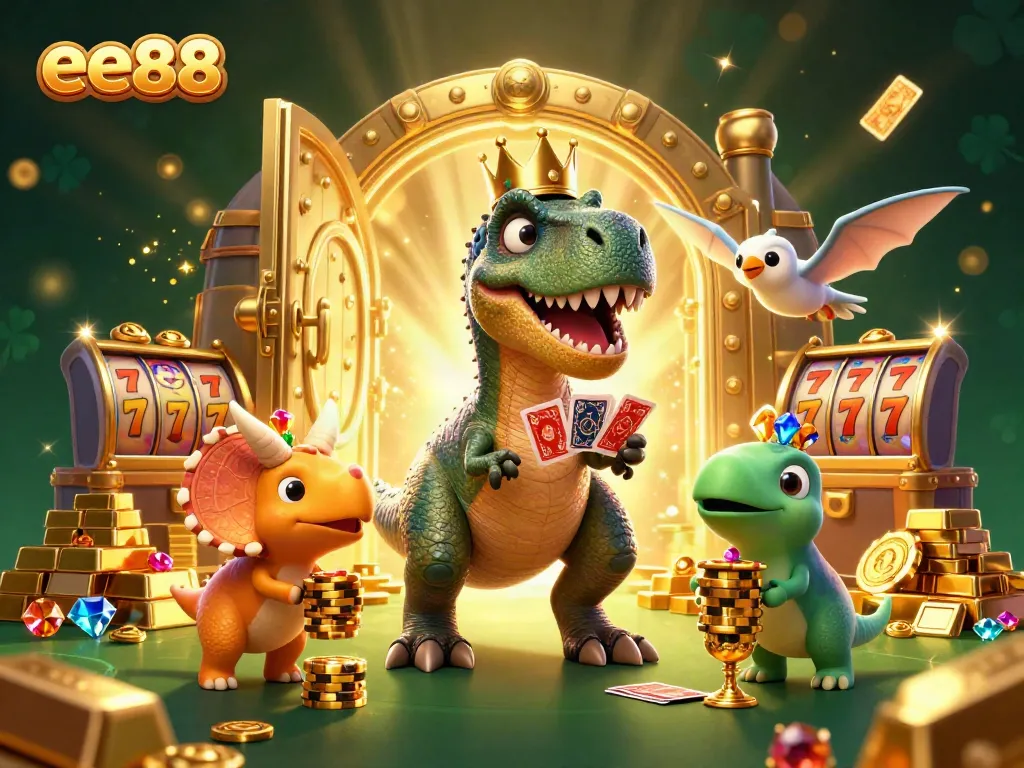 Experience thrilling gameplay at ee88 with a fun 3D T-Rex shuffling cards and a triceratops stacking chips.