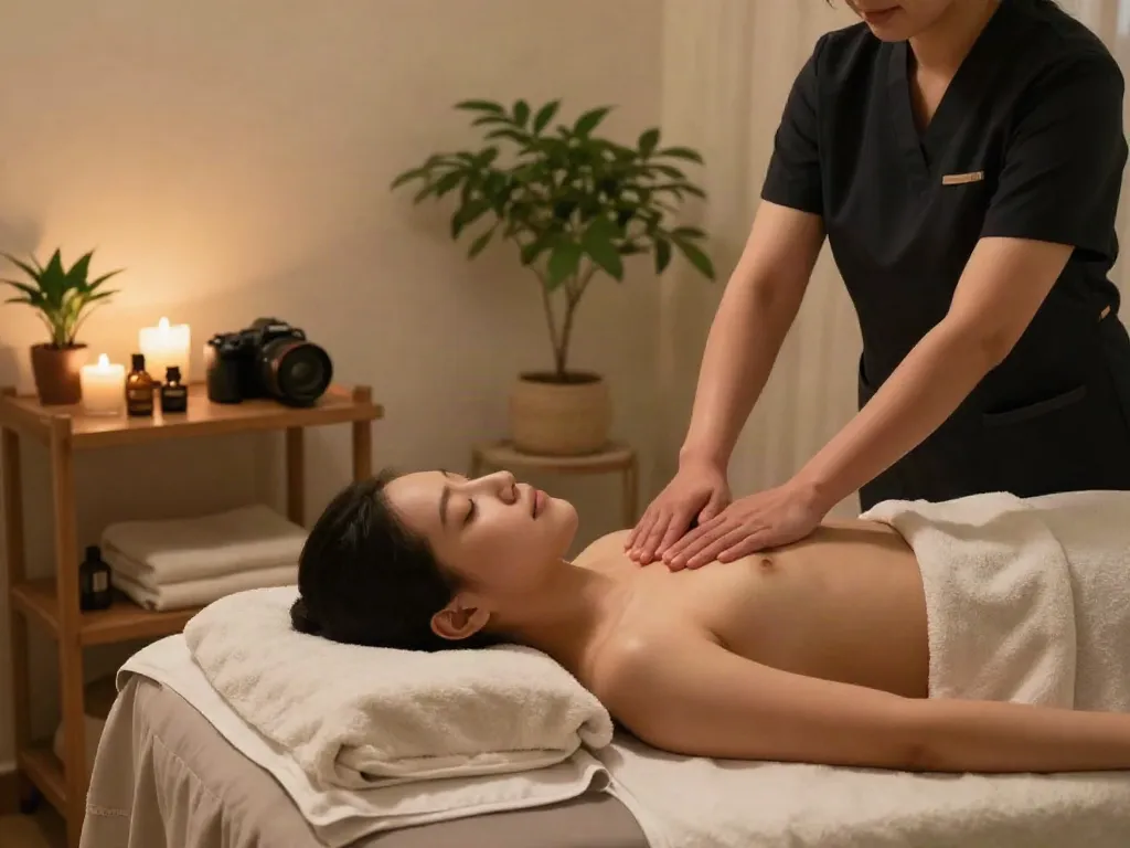 Enjoying a 분당출장마사지 in a tranquil home spa with soothing ambiance.