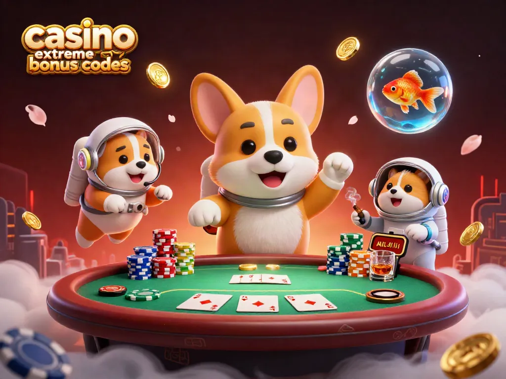 Engage with casino extreme bonus codes in a vibrant 3D scene filled with floating poker chips and characters.