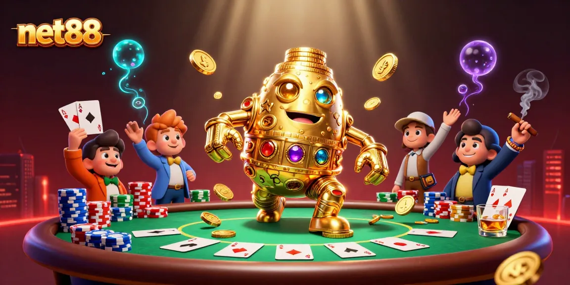 Experience the thrill of net88 with a vibrant 3D portrayal of a golden golem and poker game elements.