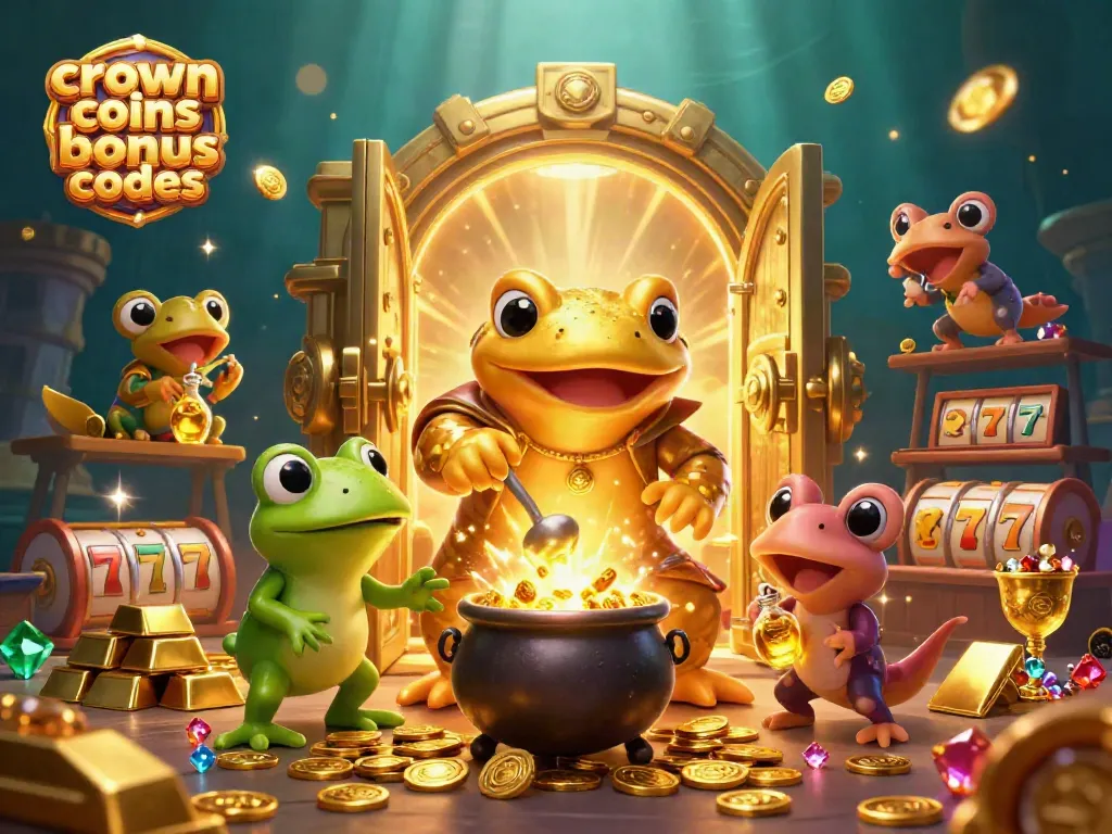 This vibrant scene illustrates the excitement of crown coins bonus codes, featuring alchemists and rich casino elements.