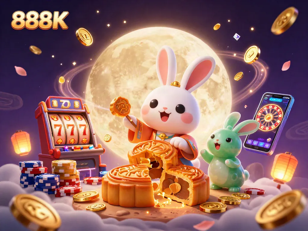 Engage with exciting slots at 888K, featuring a playful moon rabbit and vibrant casino elements.