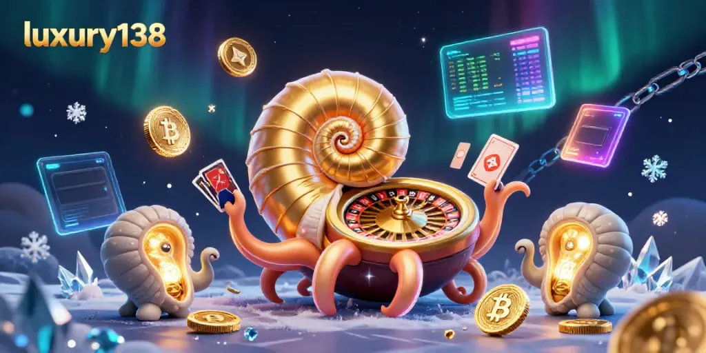 Engage with luxury138's vibrant 3D casino world featuring a giant nautilus roulette wheel and glowing crypto elements.