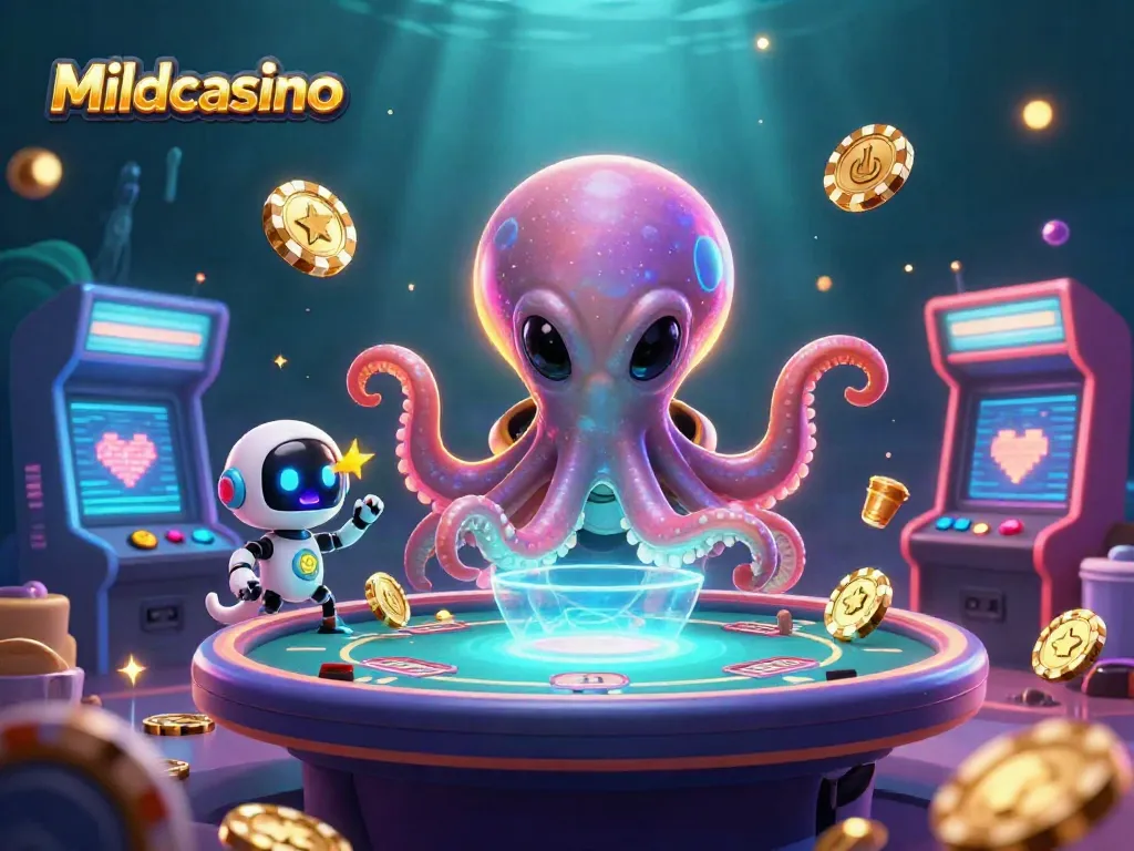 Mildcasino showcases an alien octopus at a poker table with gambling elements, offering exciting casino action.