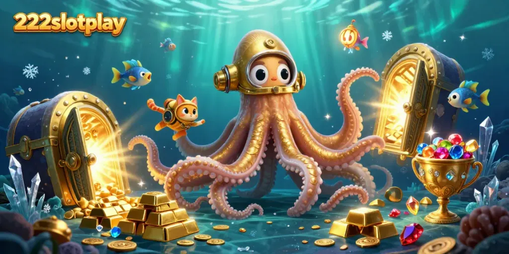 Permainan seru di 222slotplay dengan kraken raksasa dan kucing menyelam beraksi.