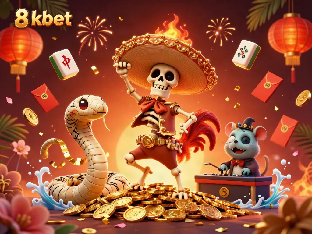 Experience thrills at 8xbet with a lively 3D casino scene featuring dancing characters and festive decorations.