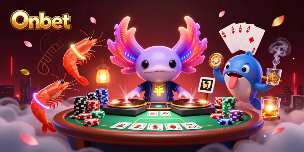Onbet's vibrant casino scene featuring an axolotl DJ and poker elements for dynamic play.