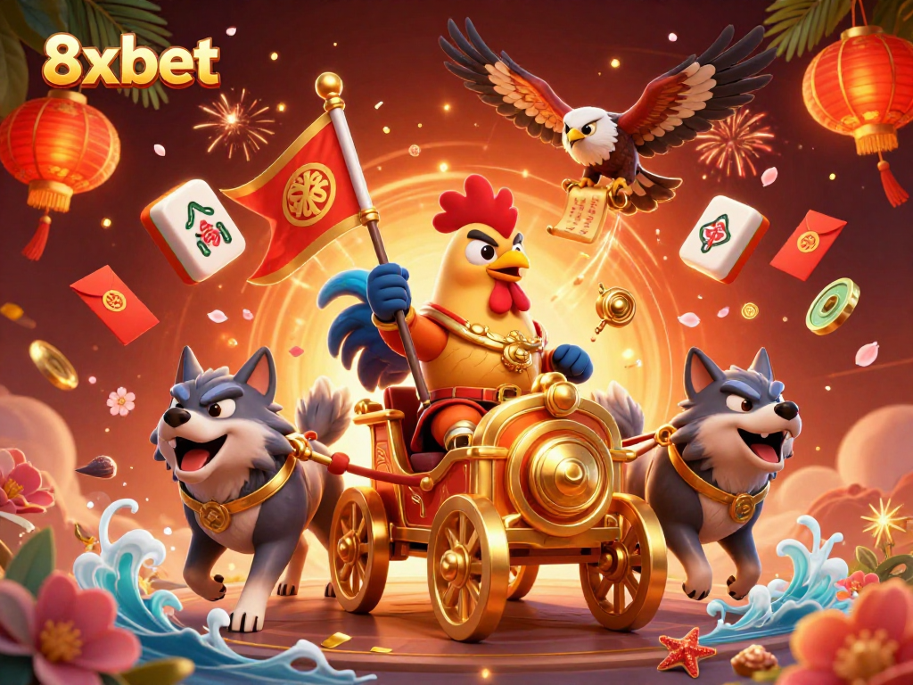 Experience the thrilling world of 8xbet with a vibrant 3D casino illustration showcasing a rooster warlord and dynamic gaming elements.