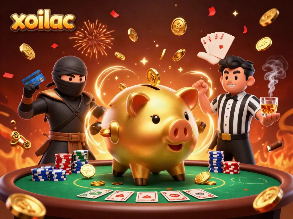 Experience thrilling action with xoilac in this colorful 3D casino showdown illustration.