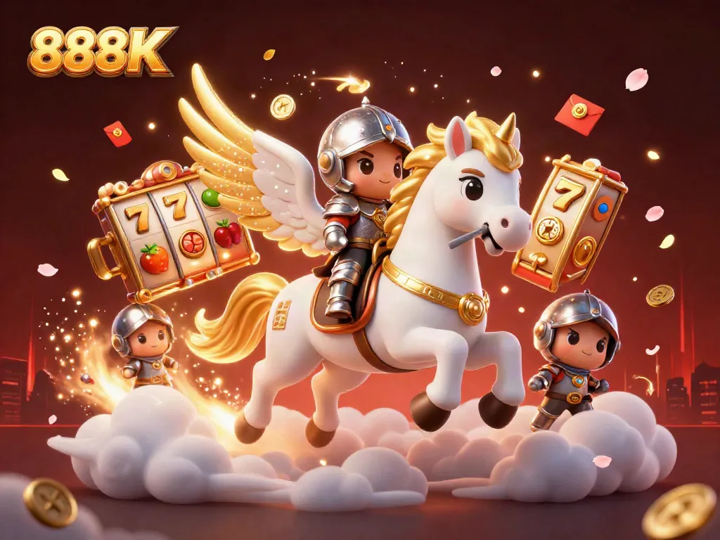 Engage in thrilling action with 888K, surrounded by slot reels, lucky symbols, and magical ambiance.