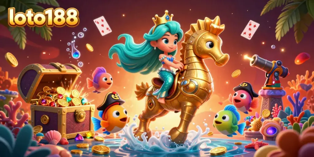 Experience the underwater world of loto188 with a majestic mermaid riding a golden seahorse amidst treasure and playful fish, capturing the thrill of gaming.