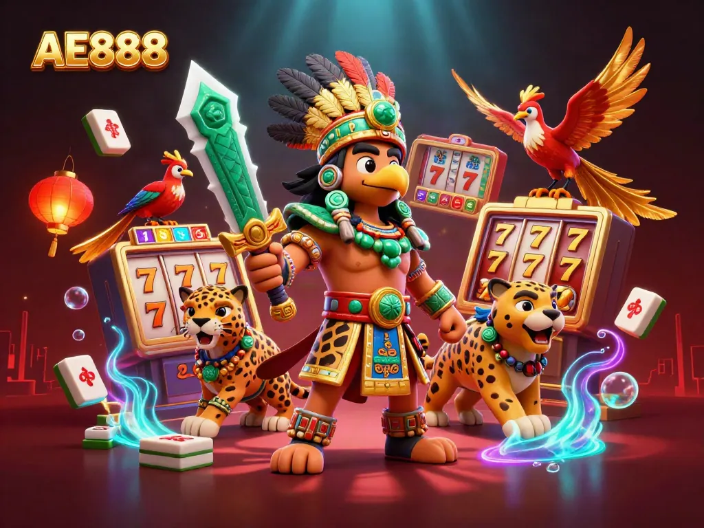 Experience AE888's exciting slots with Aztec warriors and vibrant gaming elements in this dynamic illustration.