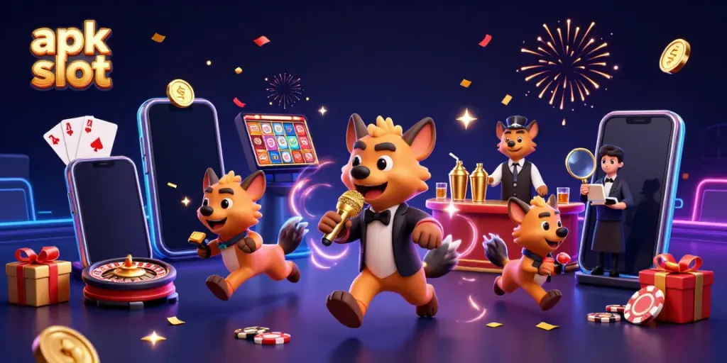Engage in the excitement of apk slot games at a 3D hyena comedy casino filled with vibrant elements.