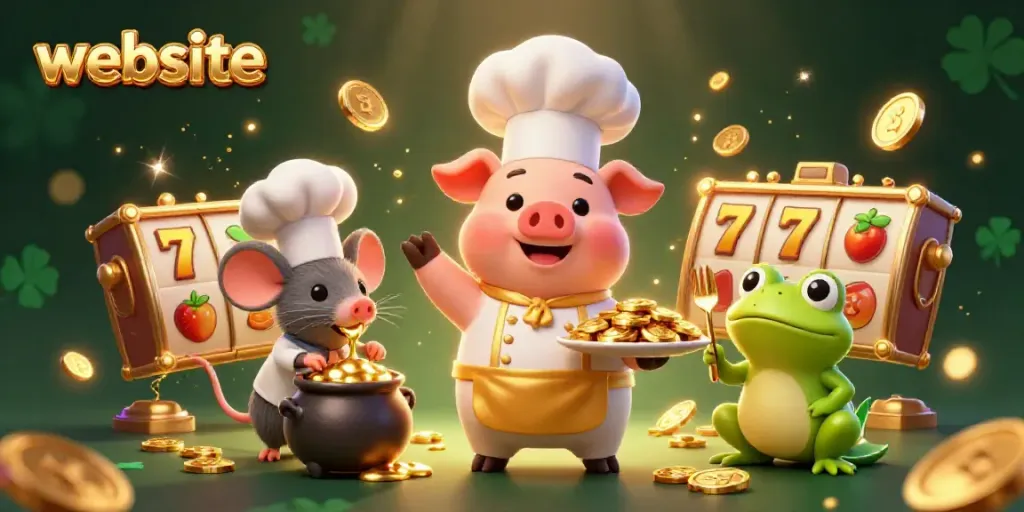 Chef pig menyajikan koin emas di website kasino yang penuh dengan simbol slot dan keberuntungan.