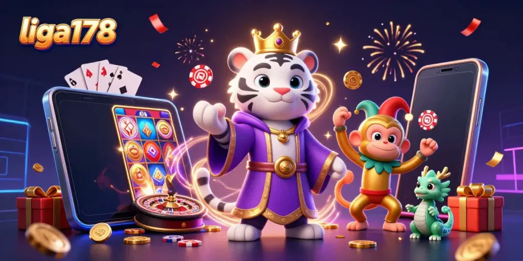 Menangkan permainan di liga178 dengan ilustrasi kasino yang penuh warna dan karakter unik.