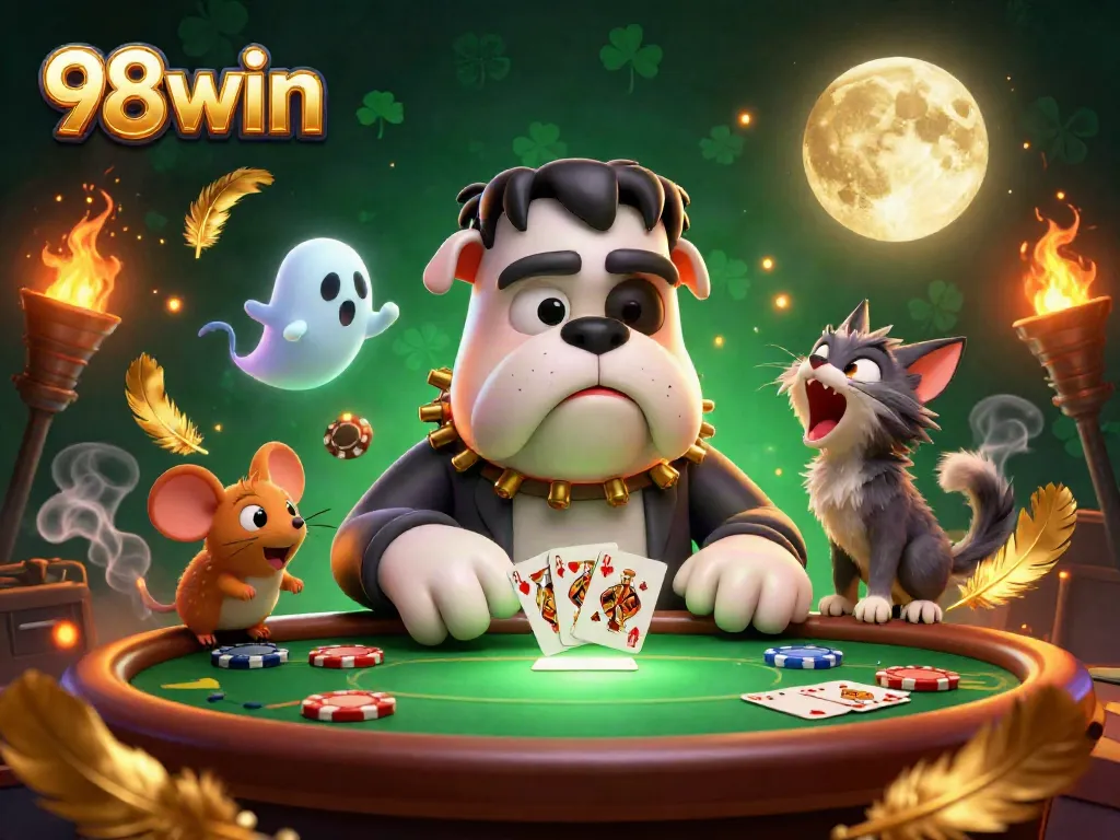 Engage in poker games with 98win’s unique 3D casino illustration featuring lively characters and a vibrant atmosphere.