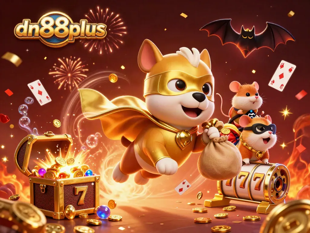 Experience excitement with dn88plus as a superhero dog flies through a vibrant casino-themed scene.