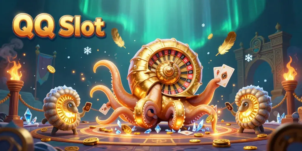 Experience thrilling gameplay with QQ Slot in an engaging 3D illustration featuring a giant nautilus and glowing ammonites.