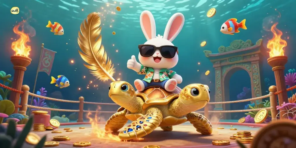 Engage with au88 casino vibes as a lucky rabbit rides a golden turtle amidst betting tokens and fiery backgrounds.