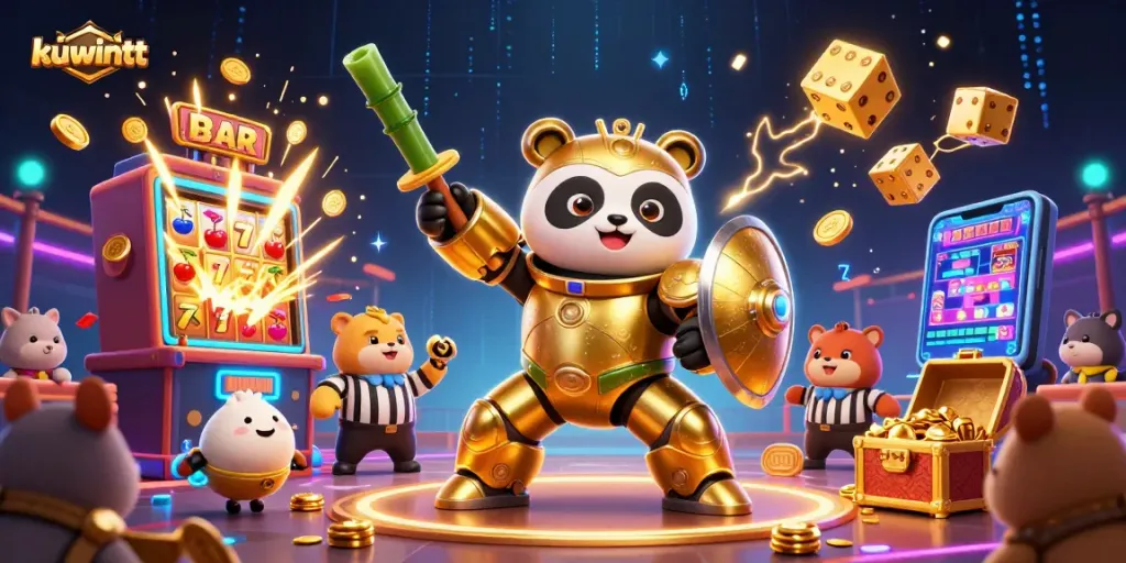 Kuwintt showcases a lively casino battle scene with a mech-suit panda amid jackpots and colorful game elements.