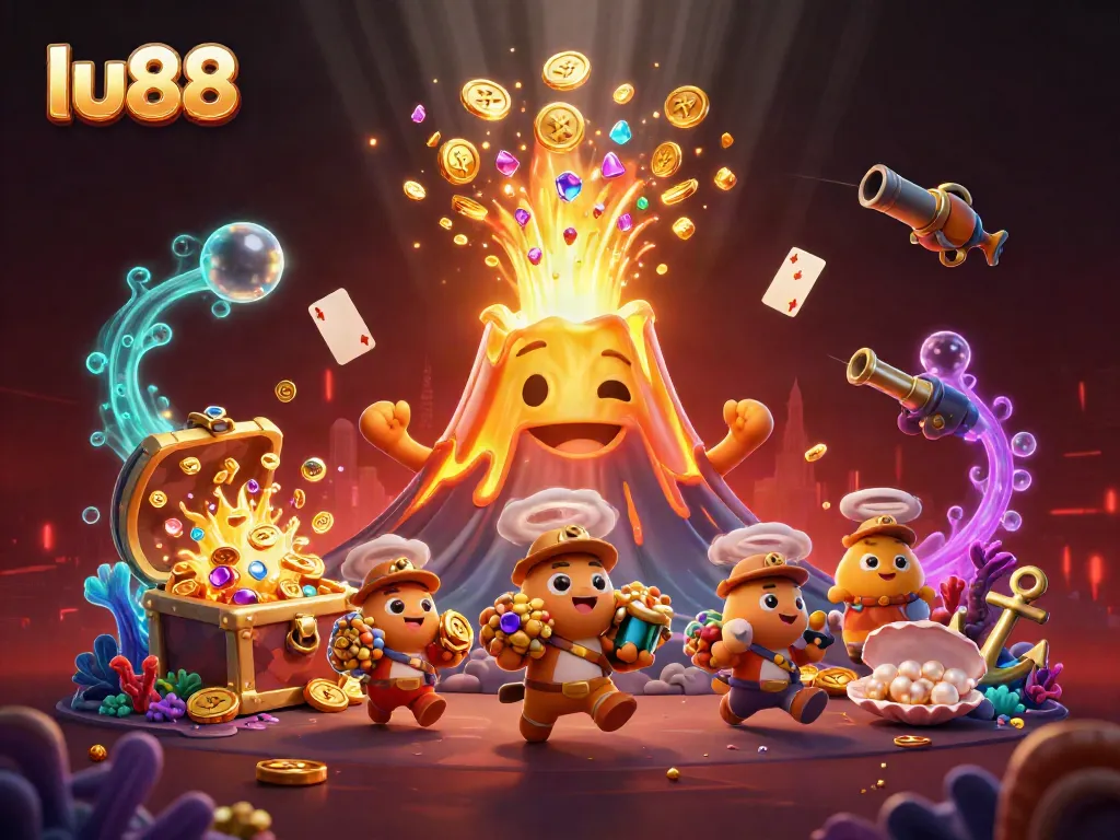 Experience excitement at lu88 with a vibrant 3D display of animated treasures and gaming elements.