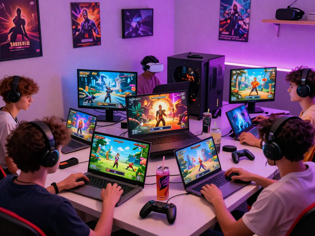 Engaging scene of players immersed in online porn games across devices, showcasing vibrant graphics and a cozy gaming lounge atmosphere.