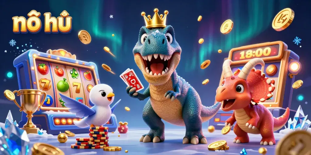 Engage in nổ hũ with friendly dinosaurs playing slots, showcasing jackpot excitement and vibrant casino elements.