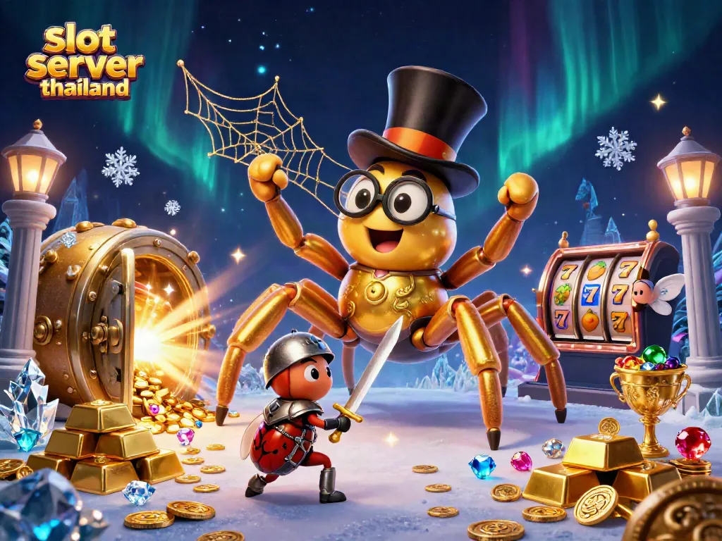 Engaging scene of slot server thailand featuring characters among spinning reels, riches, and magical effects
