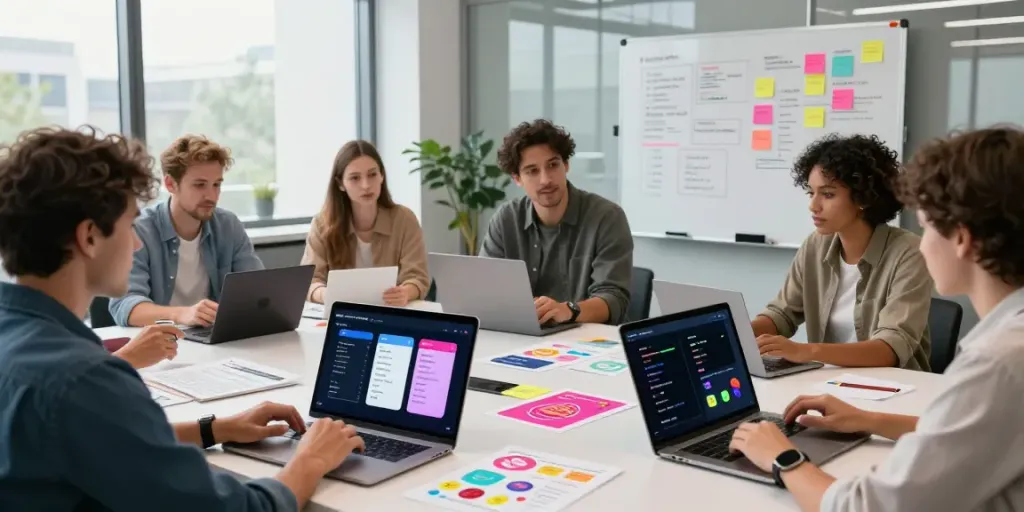 Professionals analyzing candy AI alternatives in a modern tech workspace.